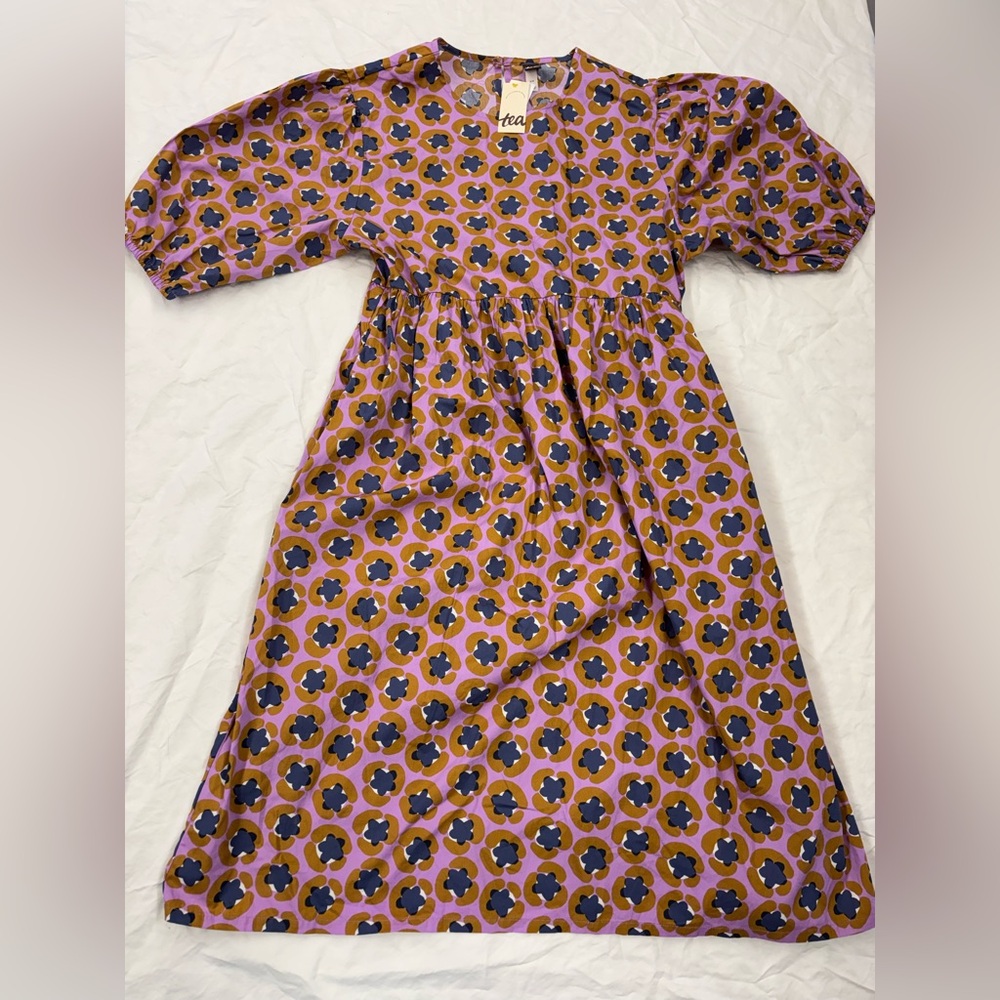 NEW Tea Collection Adult Puff Sleeve Dress Size Small Leopard Floral Midi Cotton